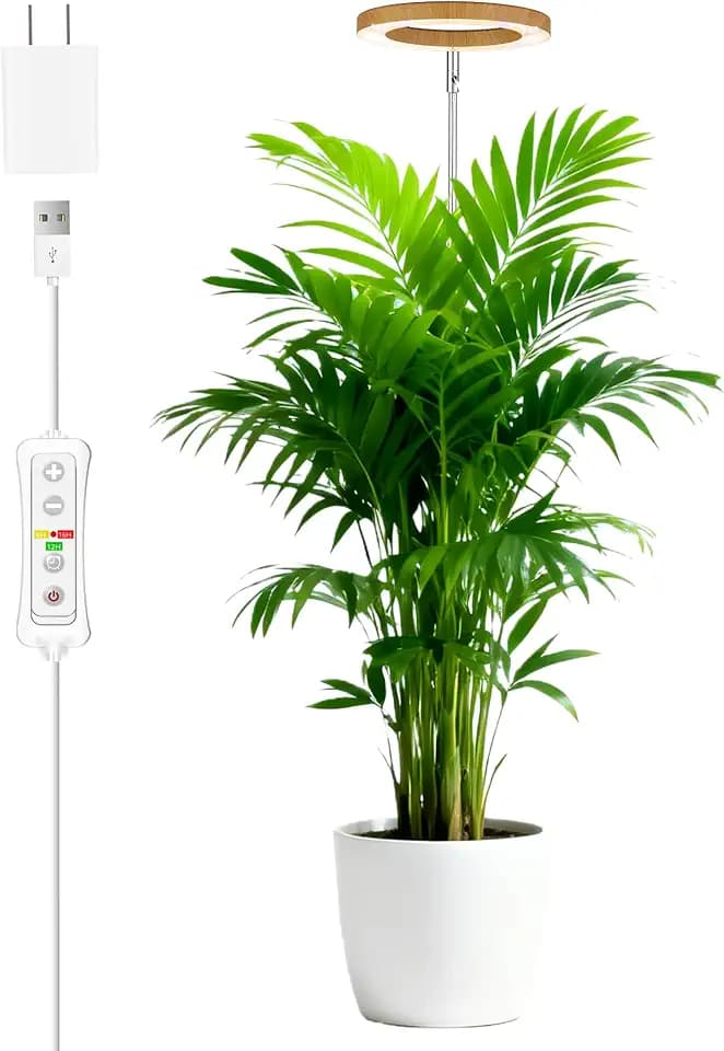 Wachstumslampe für Zimmerpflanzen LED Grow Light, Aluminium-Holzoptik, 35~155cm Wachstumslampe höhenverstellbar, 8/12/16Stunden Timer,10 Helligkeitsstufen, 5V Adapter, für große Pflanzen