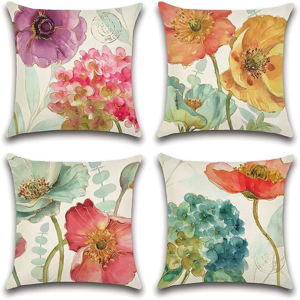 Artscope Set of 4 Waterproof Throw Pillow Covers 20x20 Inches, Hydrangea and Lotus Pattern Decorative Cushion Covers, Perfect to Outdoor Patio Garden Living Room Sofa Farmhouse Decor