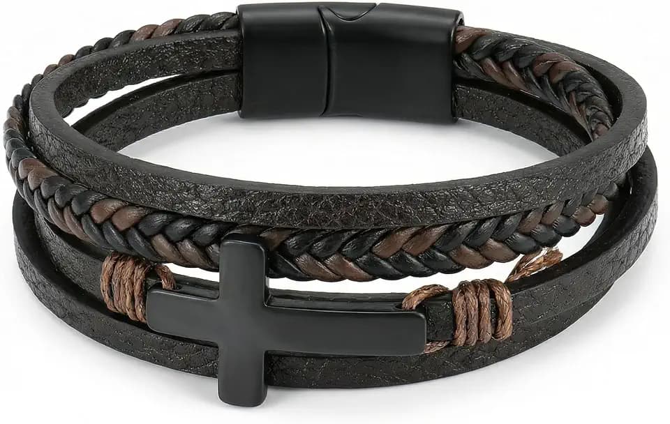Mens Cuff Cross Bracelet Multi-Layer Braided Leather Cross Bracelet for Religious Bangle Wristband Faith Christian Jewelry for Men Teen