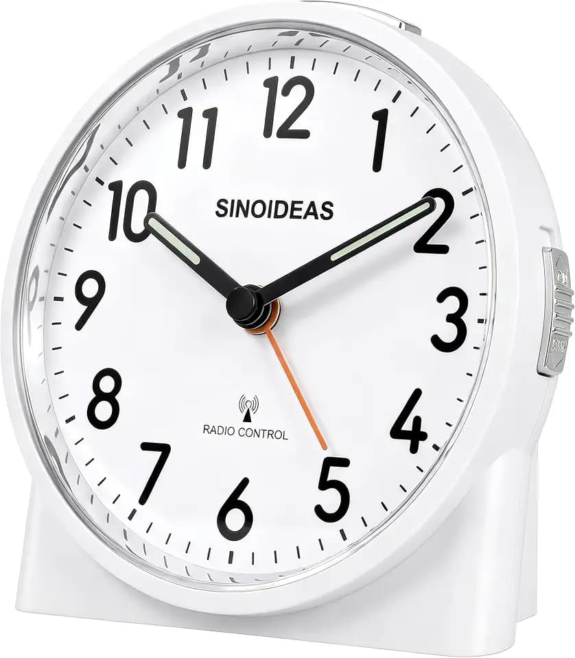 SINOIDEAS Funkwecker Analog mit Nachtlicht & Schlummerfunktion(Weiß)