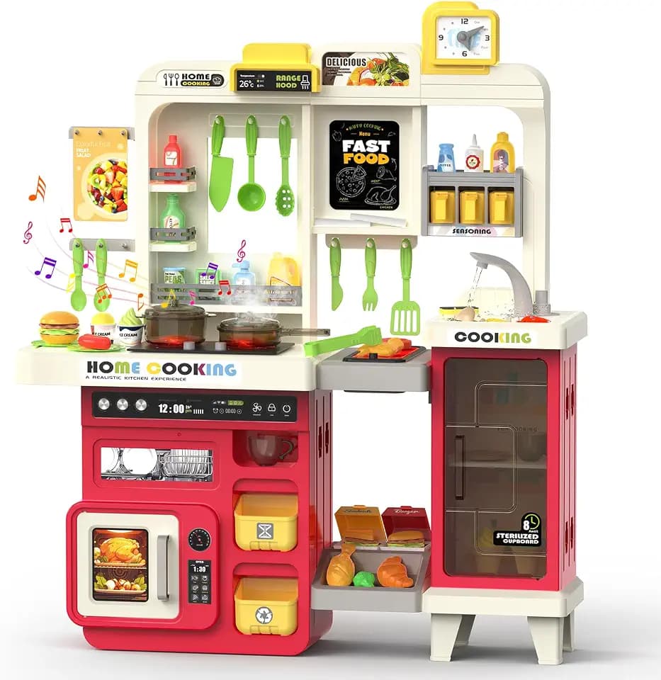 Kids Kitchen Playset with Lights, Sounds & Steam, Large Toddler Kitchen Playset with Sink, Grill, Play Food Sets for Kids Kitchen, Toy Kitchen Accessories, Pretend Play Kitchen Set with Storage Bag