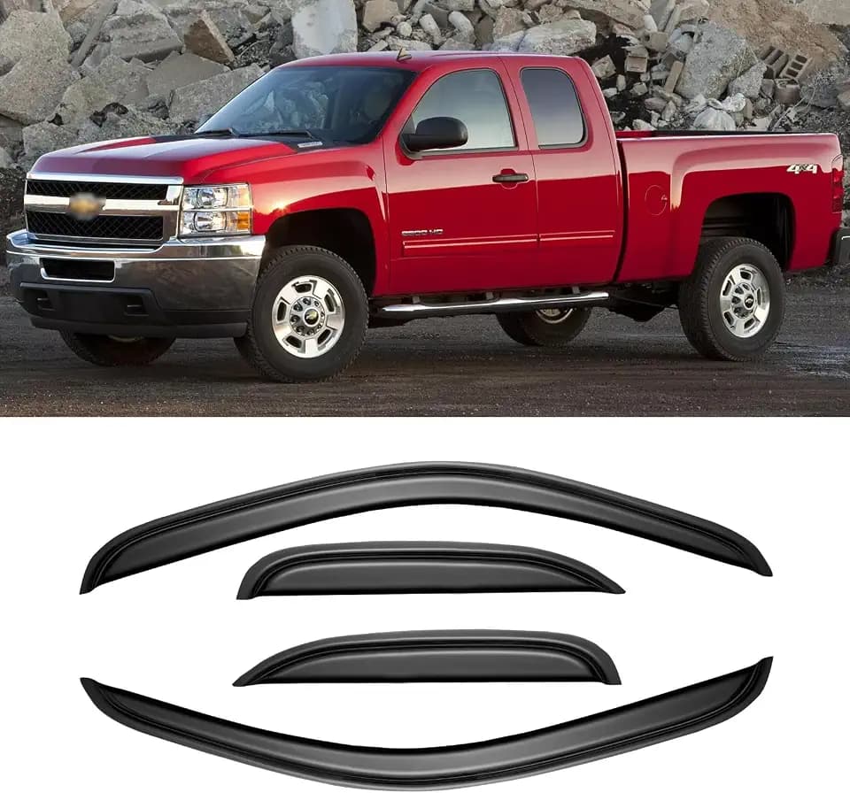 Window Visors for 2007-2013 Chevy Silverado & GMC Sierra 1500 Extended Cab, Rain Guards Vent Deflector Shade Dark Smoke 2007-2014 Silverado & Sierra 2500 HD/ 3500 HD, Tape-On, 4PCS