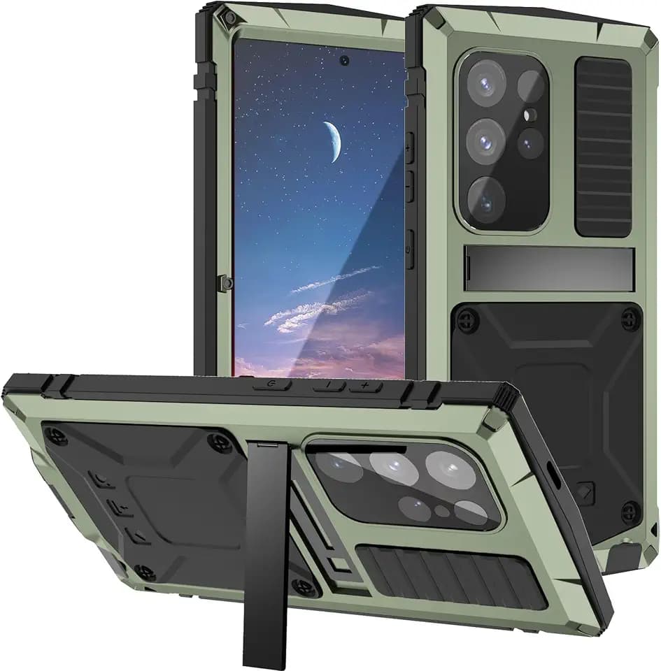 Compatible with Samsung Galaxy S24 Ultra Metal Case with Kickstand Screen Protector Camera Cover Sturdy Military Armor Durable Full Body Heavy Duty Shockproof Drop Tested (Green)