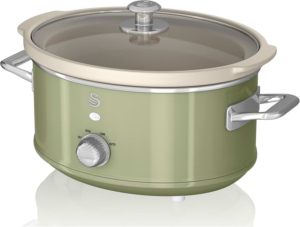 Swan Retro SF17021GNEU Slow Cooker 3,5L Abnehmbarer Kochbehälter, PFOA- und PTFE-freier Keramischer Antihaft-Behälter, 3 Temperaturstufen, Glasdeckel, Vintage-Design, Grün, 200W