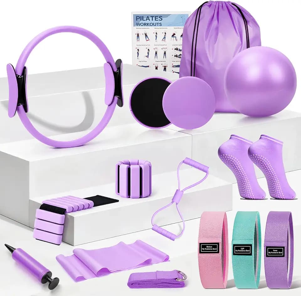 Pilates Equipment Set for Women – 21PCS Home Pilates Kit with Pilates Ring & Ball, Ankle & Wrist Weights, 4 Resistance Bands, Socks, Sliders, Storage Bag, Full Body Toning Pilates Set for Beginners
