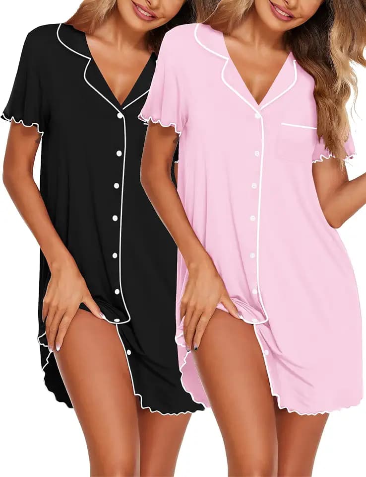 Ekouaer 2er Nachthemd Damen Kurzarm Schlafshirt Sommer Stillnachthemd,S-XXL