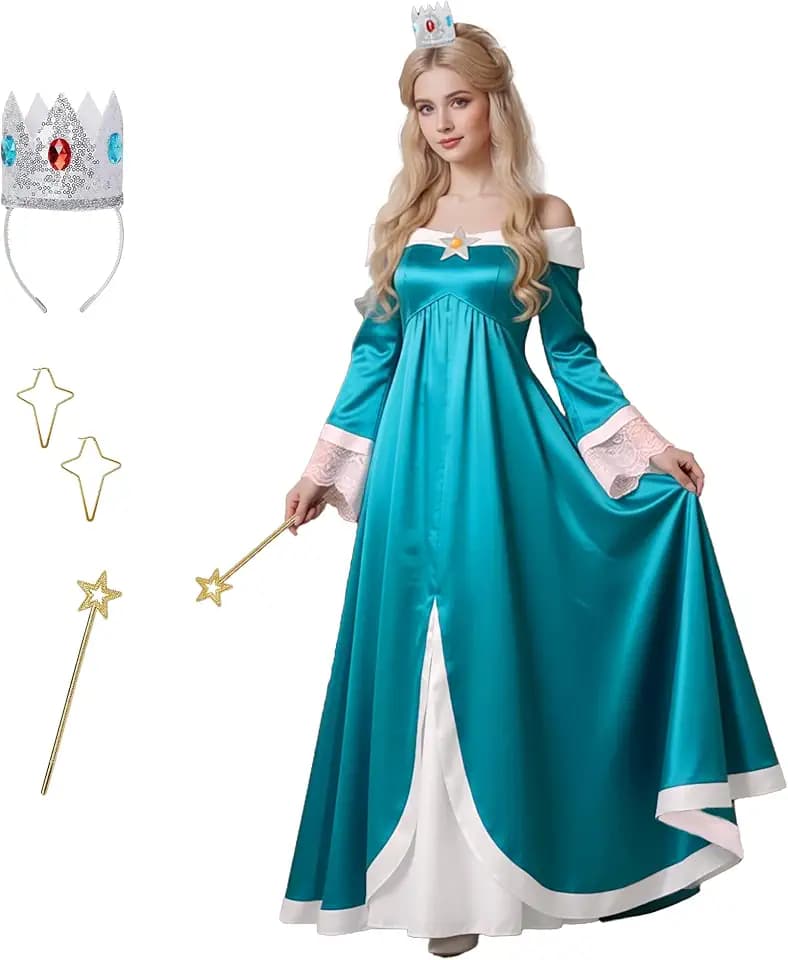 Women Rosalina Costume Princess Dress Off Shoulder Dress Gown with Crown Earrings Wand for Adults