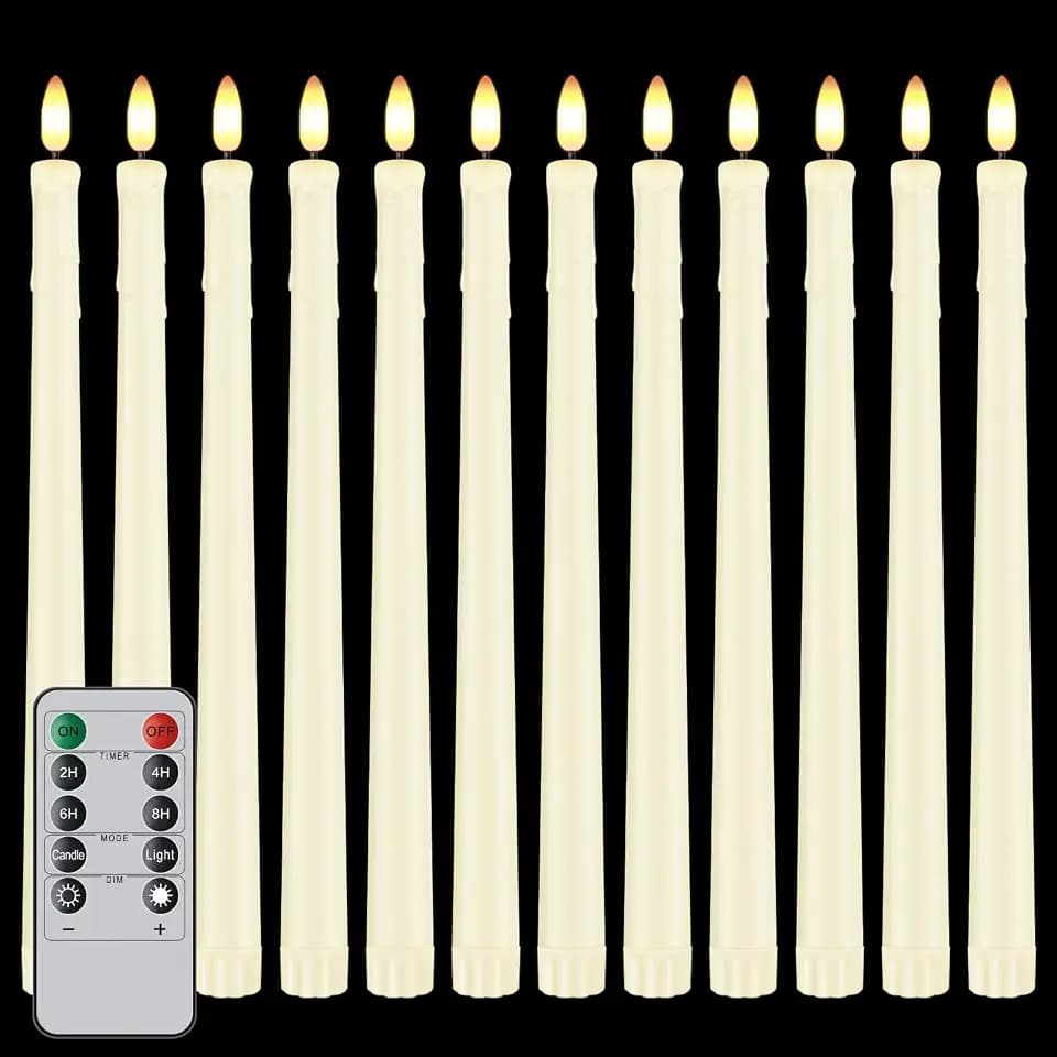 12 Pcs Flickering Flameless LED Taper Candles, 11" Long Fake Taper Candles Battery Operated with Remote Timer, Ivory Plastic Electric Dripping Candlesticks for Wedding Party Holiday