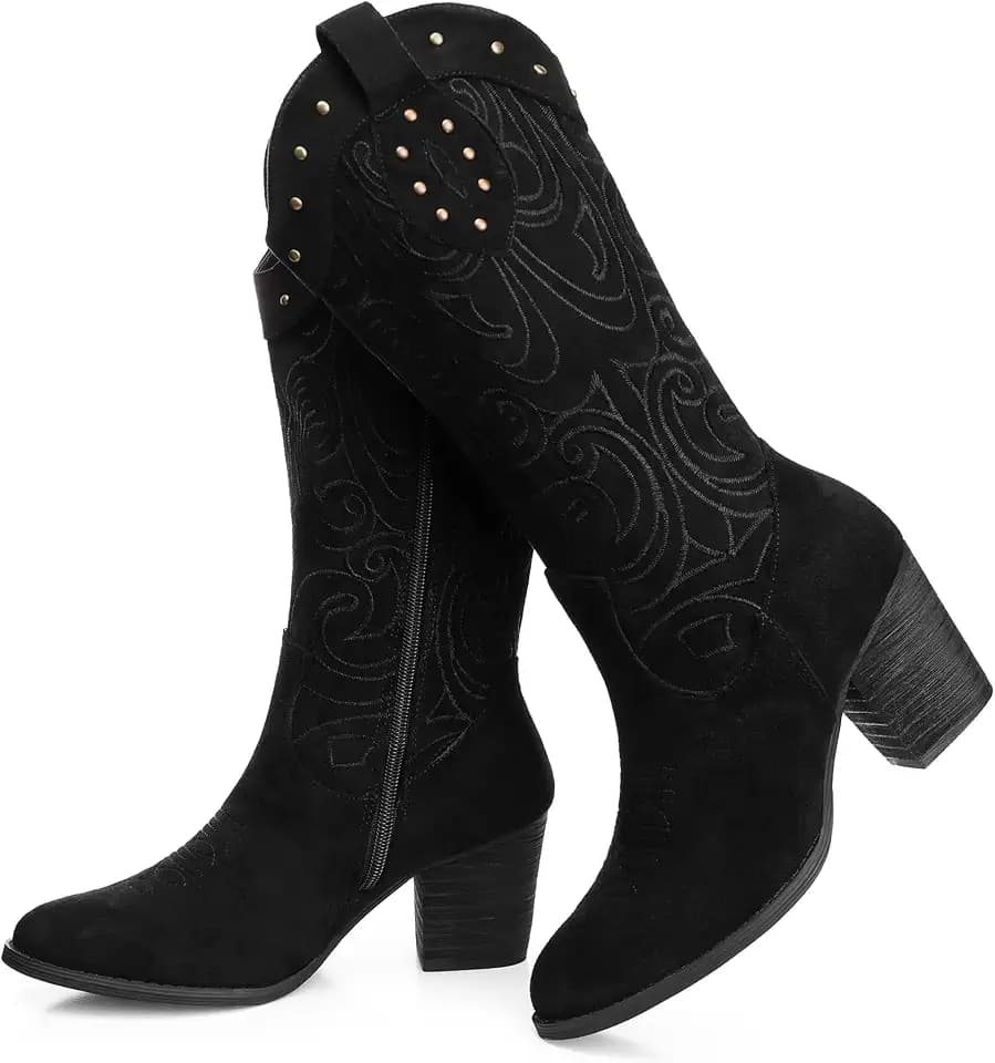SHIBEVER Women Cowboy Cowgirl Boots: Western Mid Calf Chunky Low Heel Boot