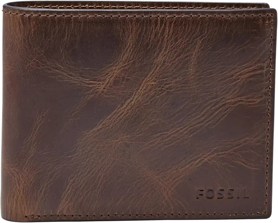 Fossil Men's Wallet, Derrick Leather RFID-Blocking Wallet, Bifold with Flip ID, Dark Brown