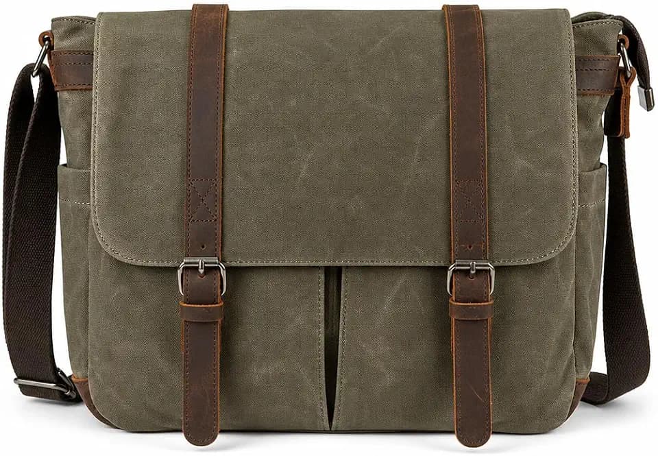 Vintage Genuine Leather Waxed Canvas Briefcase Large Satchel Shoulder Bag Rugged Computer 15.6" Laptop Bag