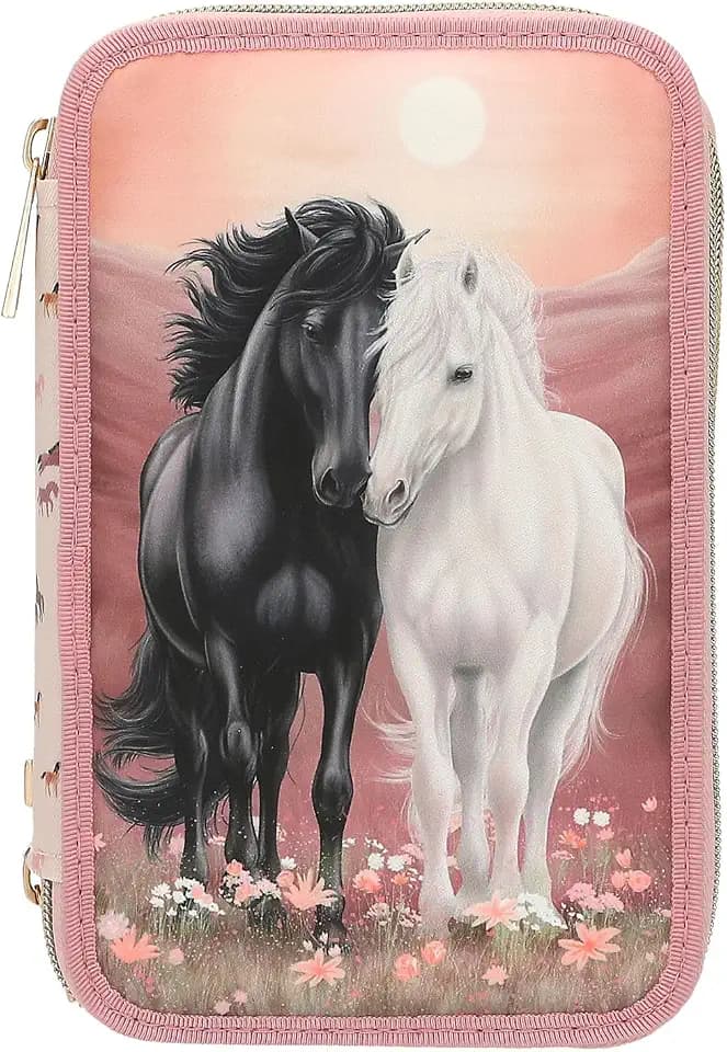Depesche 13968 Miss Melody Blossom Pony - Gefüllte 3-Fach Federtasche in Rosa, mit Pferde Motiv und Pferde-Muster, Federmappe mit Buntstiften, Schere, Lineal UVM.
