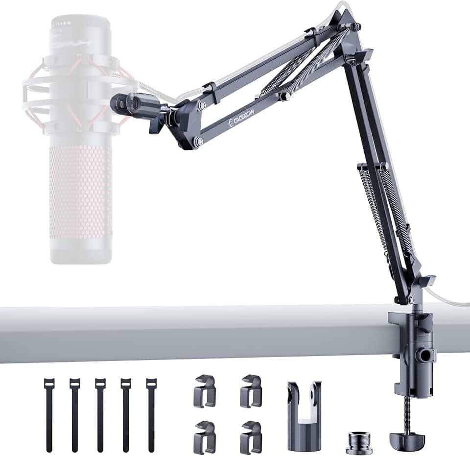 CACENCAN Upgraded Mic Arm Stand, 1.8KG Heavy Duty Boom Arm for HyperX QuadCast, 360° Adjustable Microphone Stand with C-Clamp, Universal 3/8" 5/8" Adapter for Gaming Streaming Podcast Recording Studio
