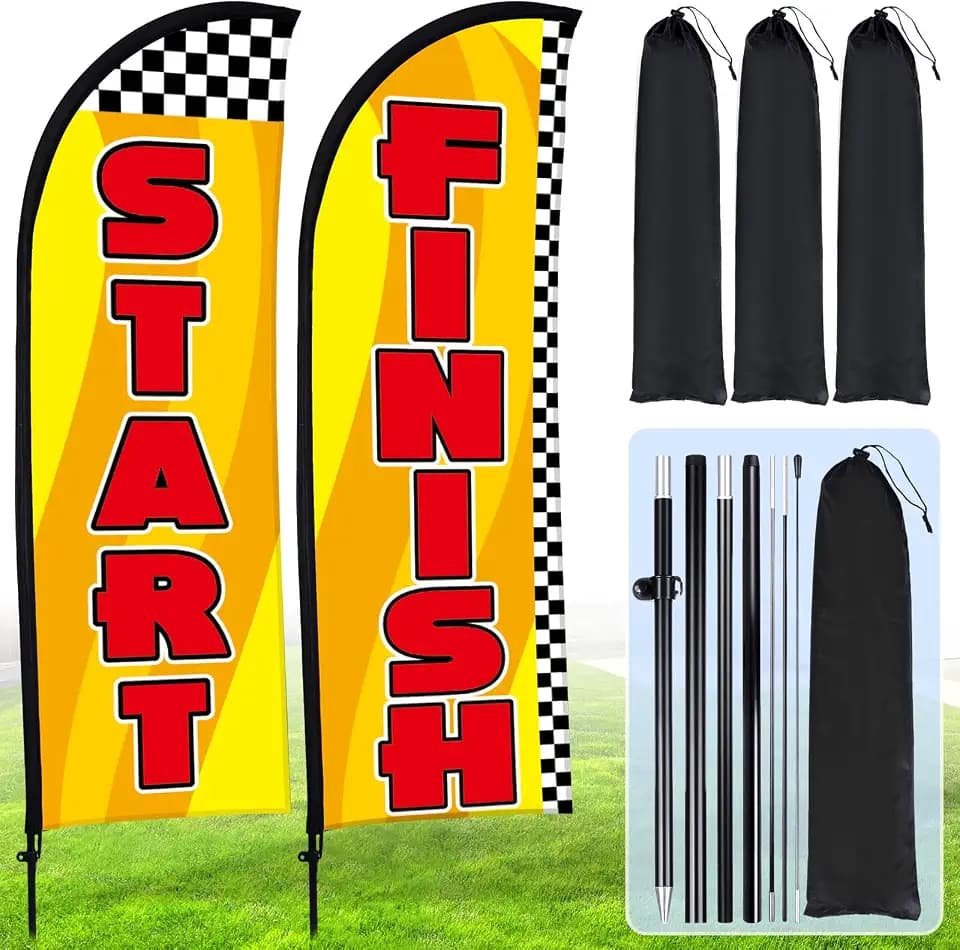 Buryeah 2 Sets Start and Finish Feather Flag 8 ft Start Finish Advertising Banner Swooper Flag with Pole Kit and Ground Stake for Marathons and Special Events Outside, Yellow