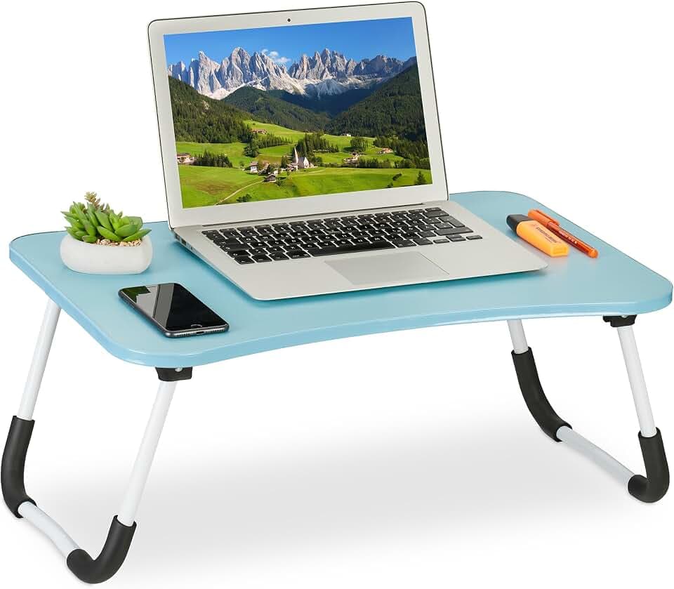 Relaxdays Laptoptisch für Bett & Couch, HBT: 26 x 63 x 40 cm, klappbarer Betttisch, MDF, Eisen, Notebooktisch, hellblau