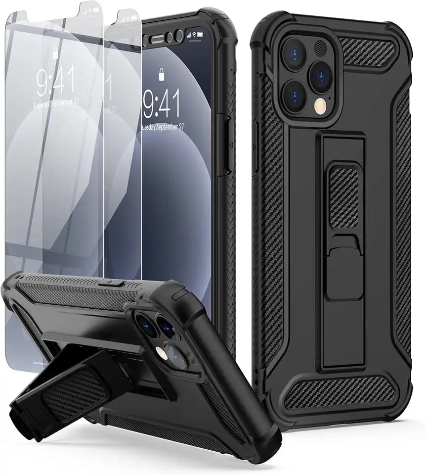 ORETECH für iPhone 12 Pro Max Hülle, mit [2 Stück Schutzfolie][Ständer], Handyhülle iPhone 12 Pro Max, Stoßfest Kratzfest Schutzhülle 360 Grad Ganzkörperschutz Hülle iPhone 12 Pro Max 6,7" Schwarz