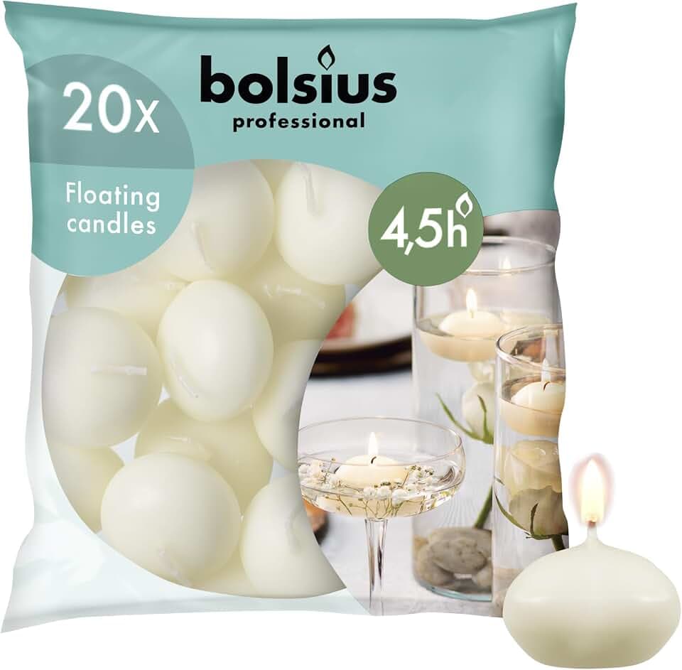 Bolsius Schwimmkerzen - Dekorative Haushaltkerzen - 20 Stück - Durchmesser 45 mm - Länge Brenndauer 4,5 stunden- Praffinwachs - Elfenbein - Ohne Palmöl