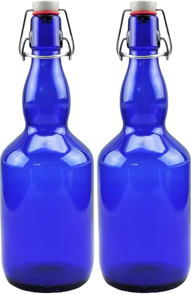 2x blaue Glasflasche 0,75 Liter mit Bügelverschluss aus Porzellan, inkl Beschriftungsetiketten