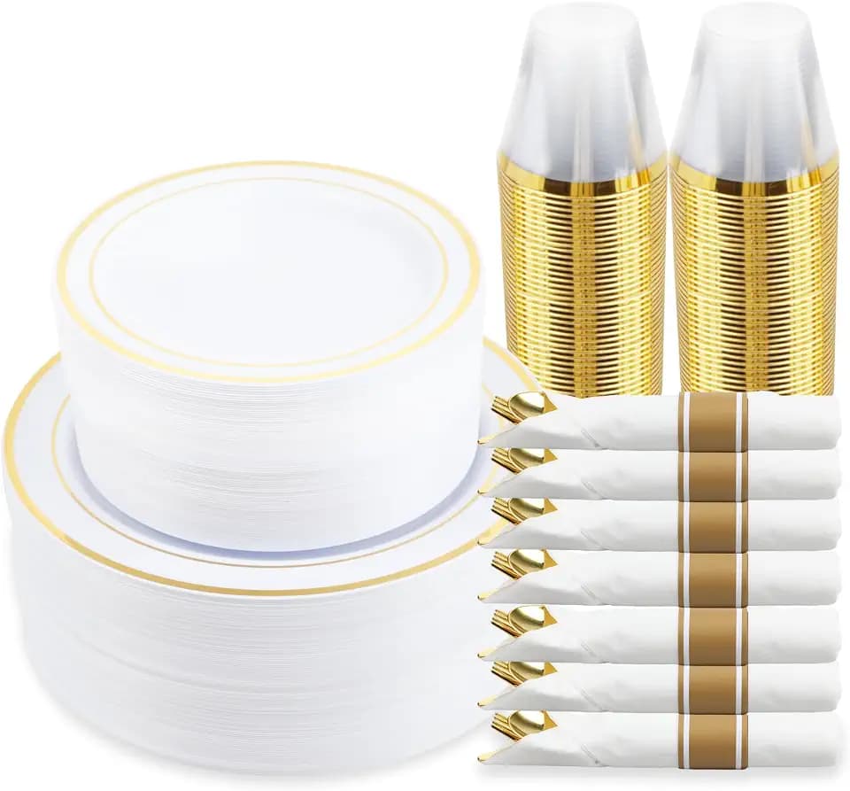 M MCIRCO 350 Piece Gold Dinnerware Set,100 Plastic Plates, 50 Cups,50 Pre Rolled Napkins with Plastic Silverware, Disposable Gold Dinnerware Set for 50 Guest