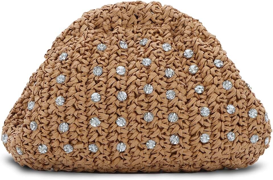 GOKTOW Straw Rhinestone Dumpling Clutch Purse,Summer Raffia Rattan Vacation Beach Bag for Women 2025