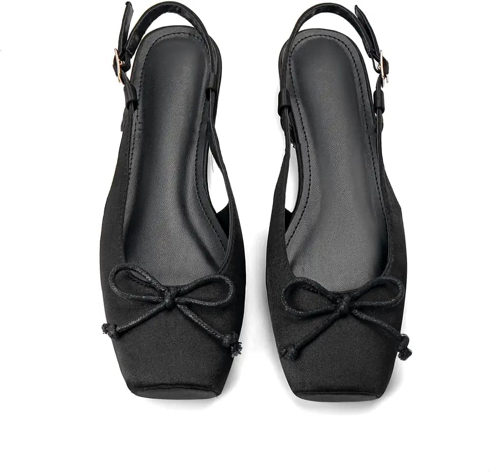 Women's Ballet Flats Slingbacks Square Toe Bow Knit Dressy Flat Shoes with Ankle Buckles Satin