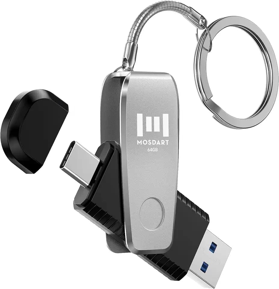 MOSDART 64GB USB C and A 3.1 Dual Flash Drive with Keychain, Silver