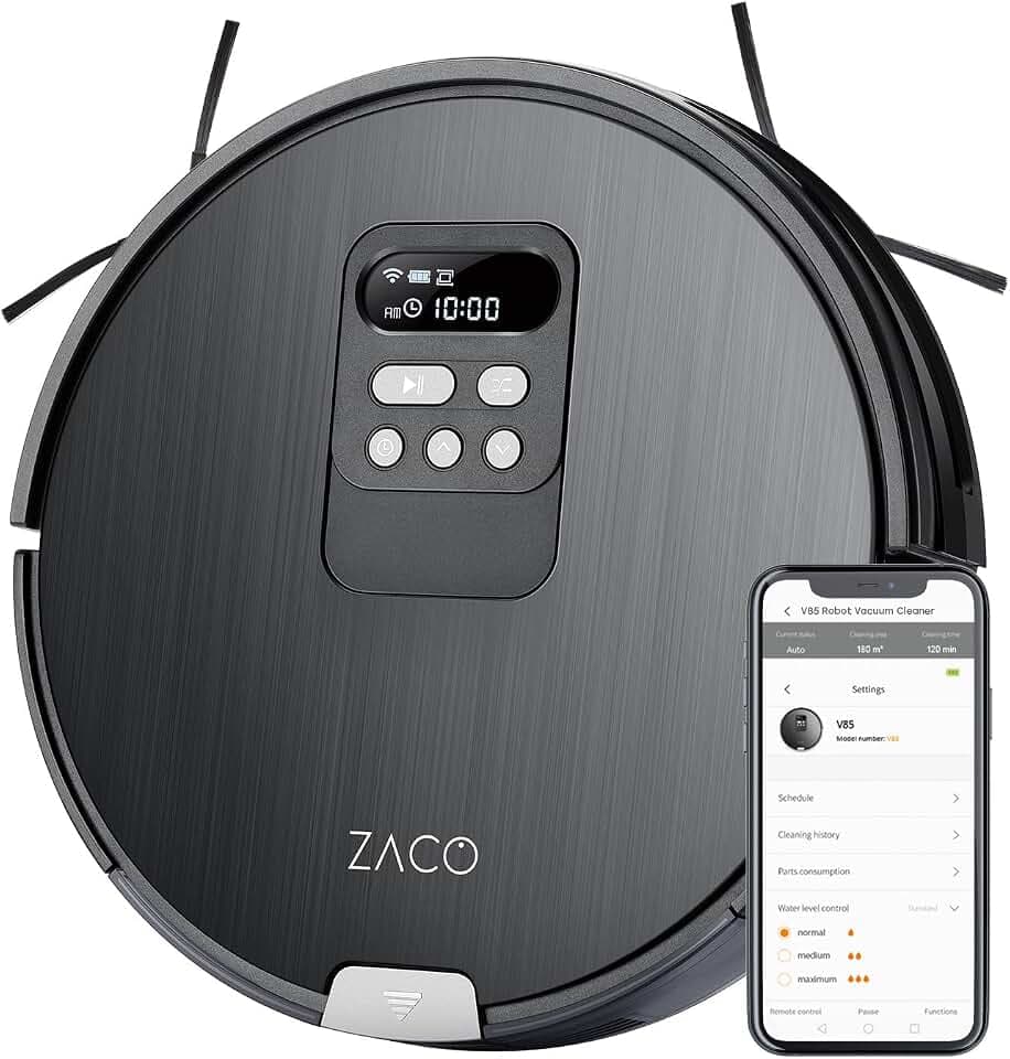 ZACO V85 Saugroboter mit Wischfunktion, App & Alexa Steuerung, 8cm flach, automatischer Staubsauger Roboter, 2in1 Wischen oder Staubsaugen, für Hartböden, Fallschutz, mit Ladestation