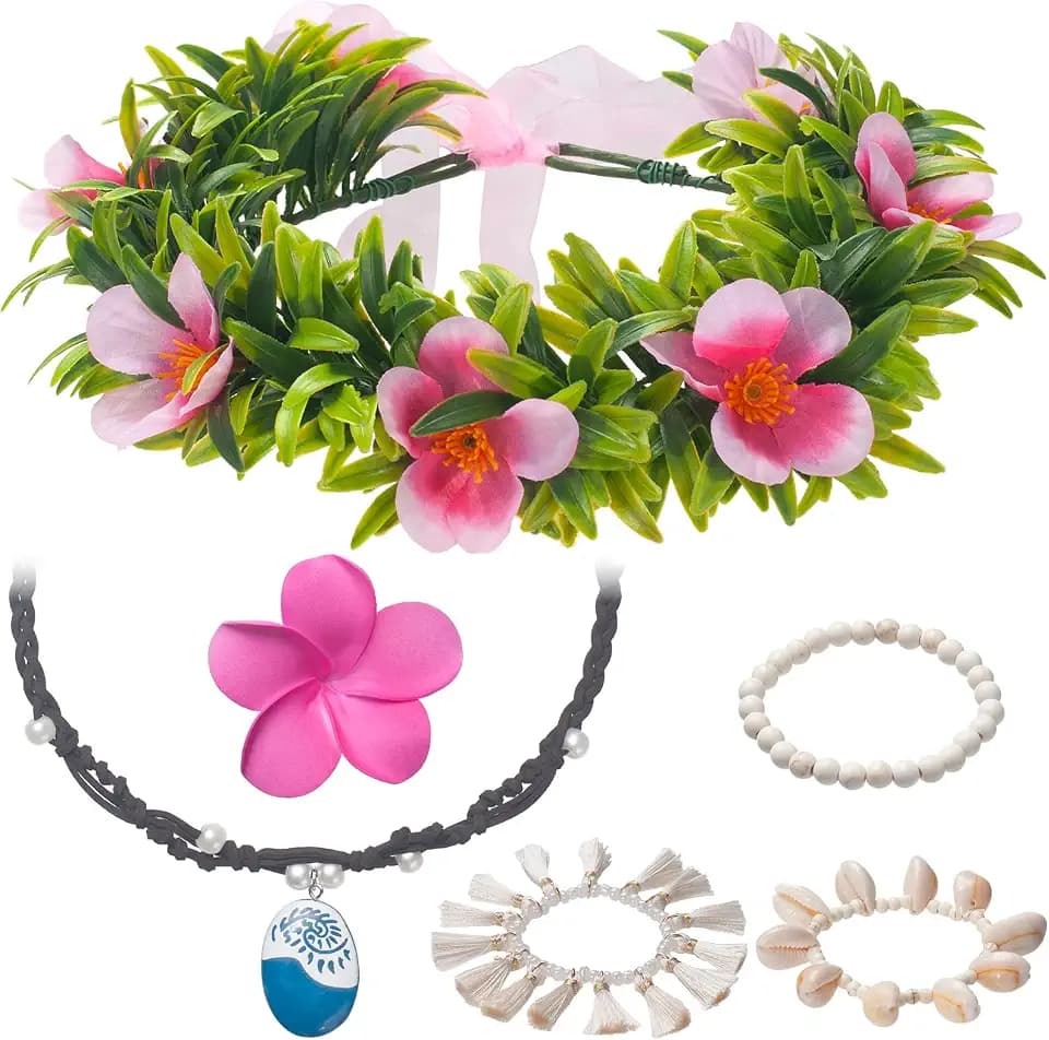Princess Costume Accessories Hawaiian Flowers Garland Headband Flower Clips Necklace Boho Shell Anklet Halloween Party Favors Dress Up Accessories