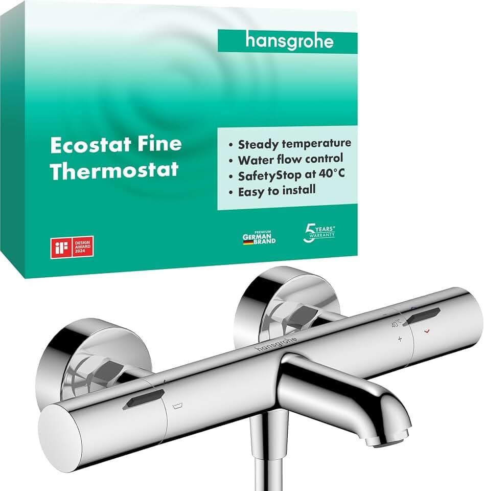 hansgrohe Ecostat Fine - Wannenthermostat Aufputz, Wannenarmatur mit Sicherheitssperre (SafetyStop) bei 40° C, Thermostat für die Badewanne, Mischbatterie für 2 Verbraucher, Chrom, 13325000