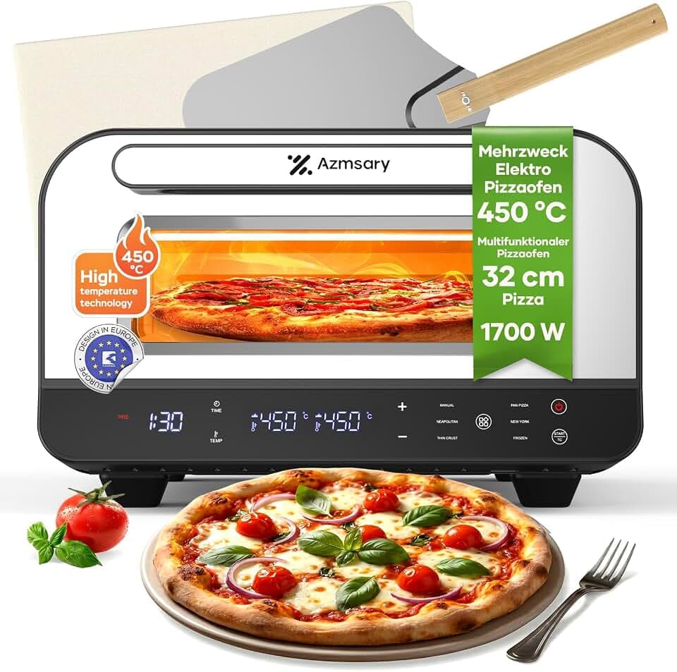 Elektrischer Pizzaofen - 6 Programme, 1700W, max. 450°C, geeignet für 32cm Pizzen - 5-in-1-Multifunktion: Pizza, Grillen, Warmhalten, Backen und Kochen