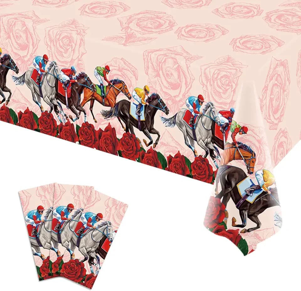 Derby Tablecloth Churchill Downs Kentucky Horse Racing Party Decoration Disposable Plastic Table Cloth Table Cover Dining Room Kitchen Indoor Outdoor Decor 54 x108 Inch -Pack of 3
