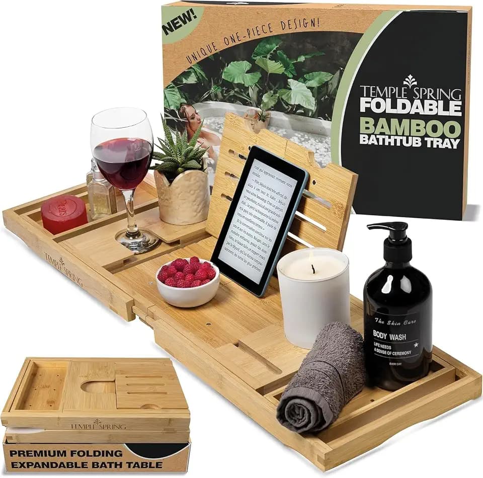 Temple Spring Klappbare Badewannenablage, Holz Badregal mit Ausziehfunktion, Spa Brett für Erwachsene, Badewannencaddy, Bambus Badezimmer Zubehör Set – Natur