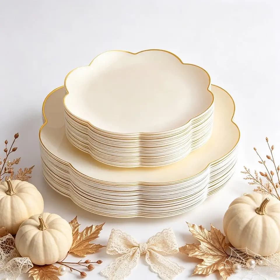 supernal 60pcs Ivory Gold Scalloped Plastic Plates, Elegant Dinnerware Set