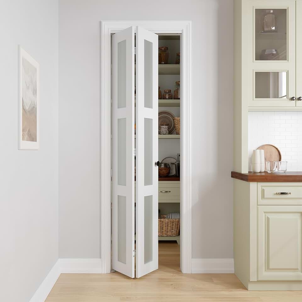 Bifold Doors for 24" x 80-3/4" Opening, 3-lite Tempered Frosted Glass Closet Folding Doors with Hardware kit Included, Easy Assembly, White