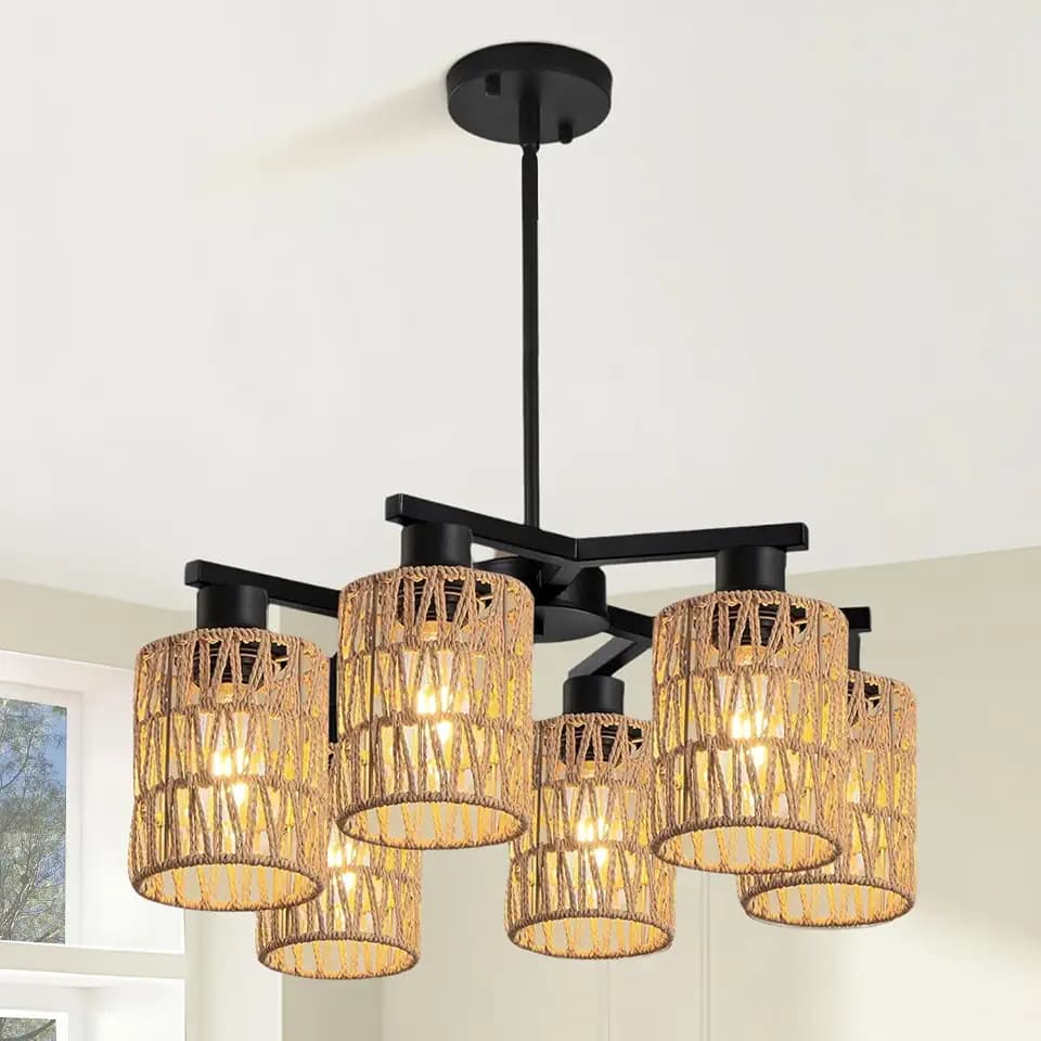 6-Light Farmhouse Rattan Chandelier for Dining Room, Black Boho Pendant Light Fixture with Hand Woven Rope Shades, Modern Coastal Hanging Pendant Lamp for Kitchen Island Foyer, Adjustable Height
