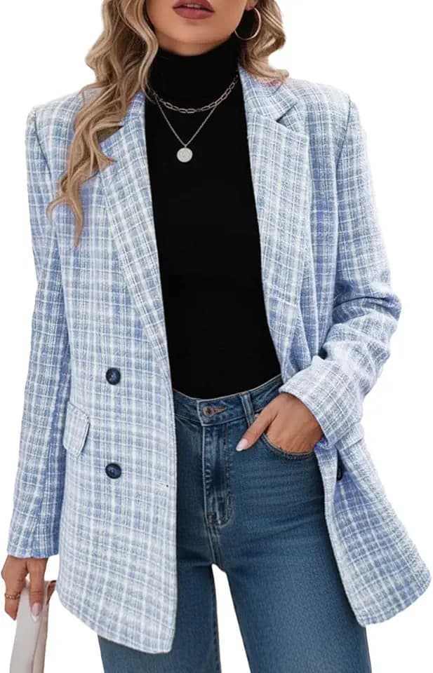 Mina Self Plaid Tweed Blazer Jacket for Women 2026 Fashion Elegant Open Front Casual Work Office Pocket Suit Coat(S-XXL)
