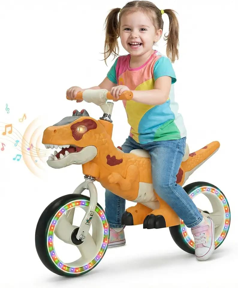 Orange Dinosaur Balance Bike, 10in Toddler Bike 3-5 with Lights