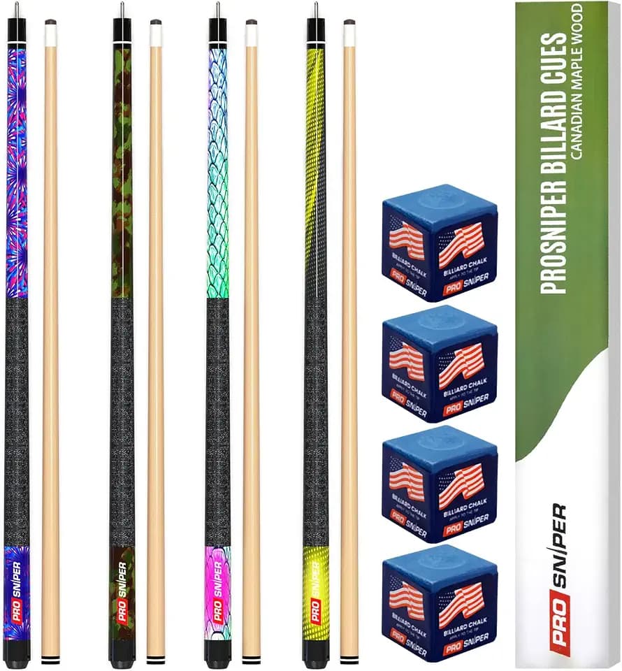Prosniper Premium Pool Sticks Set of 4 | 58-Inch, 19-Oz Canadian Maple Pool Cue with Low-Deflection Shaft & 4 Extra Chalks | Pro-Grade Billiard Cue for Home & Bar Play