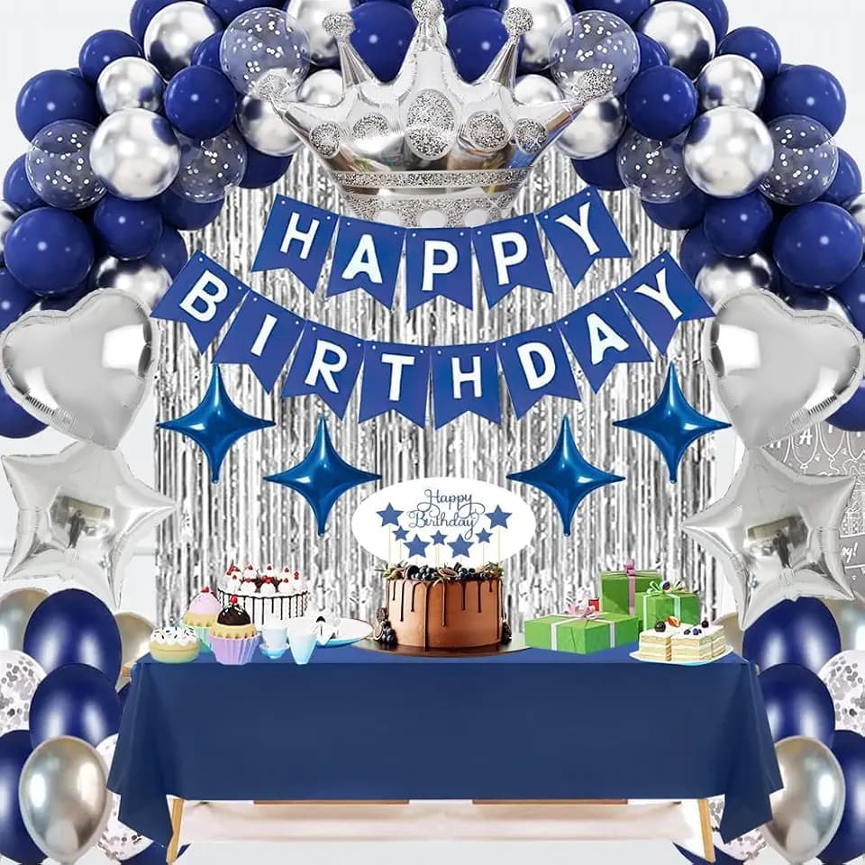 Navy Blue Birthday Party Decorations Set – 92Pcs Set with Banner, Star Garland, Crown, Heart & Star Foil Balloons, Fringe Curtain, Cake Topper, Tablecloth, Latex & Confetti Balloons for Men & Women