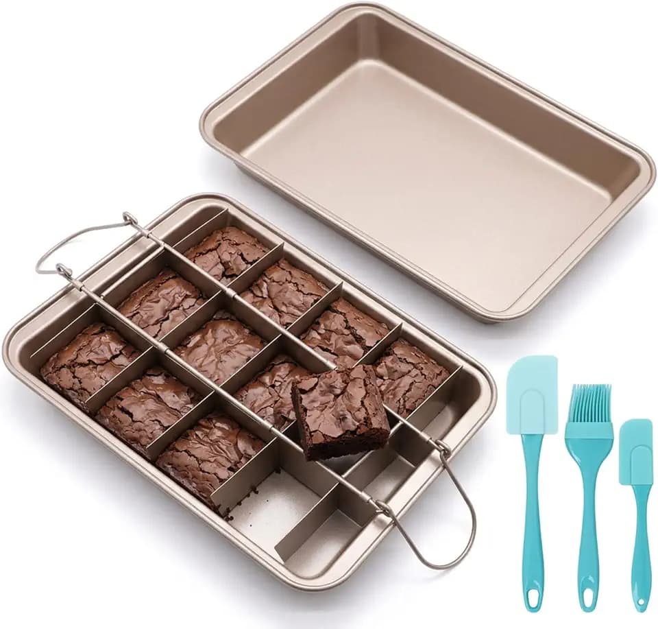 Brownie Pan with Dividers, 2 Pack 18-Slot Non-Stick Carbon Steel Baking Tray, All Edges Square Brownie Pan with 3-Piece Blue Spatula Set, for Oven Baking Cakes and Pizza