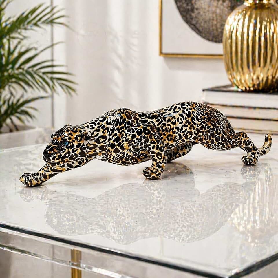 Modern Leopard Statue Home Decor - 15.4" Long Safari Animal Sculpture Figurine - Elegant Cheetah Panther Accent for Living Room, Office Desk, Bookshelf Table Centerpiece - Wild Cat Lover Gift