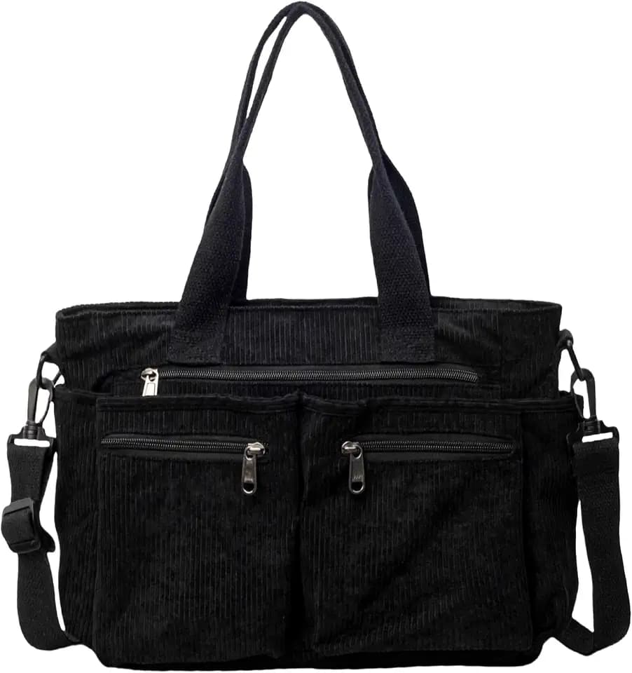 Corduroy Tote Bag for Women, Large Shoulder Messenger Bag with 10 Pockets, Casual Crossbody Work School Travel Handbag