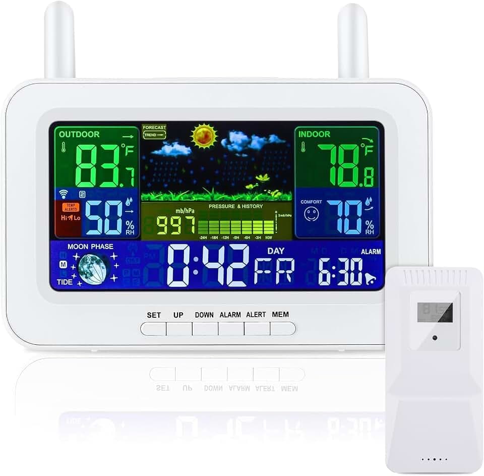 Drahtlose Wetterstation mit Außensensor, Innen- und Außenthermometer mit Zeit, Digital Thermometer, Temperatur, Luftfeuchtigkeit, Barometer, Wecker