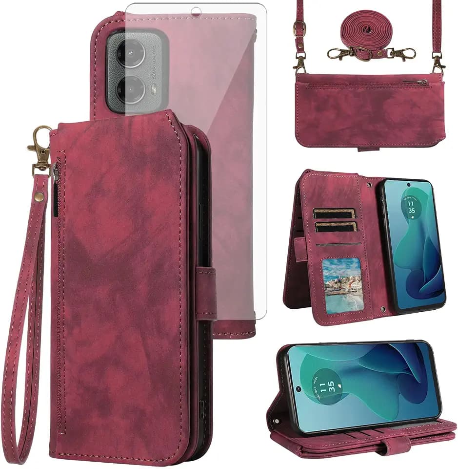 Asuwish Phone Case for Motorola Moto G 5G 2024 Wallet Cell Cover with Tempered Glass Screen Protector Crossbody Lanyard Strap Flip Zipper Credit Card Holder Slot Stand Mobile G5G 5 G G5 Women Men Red