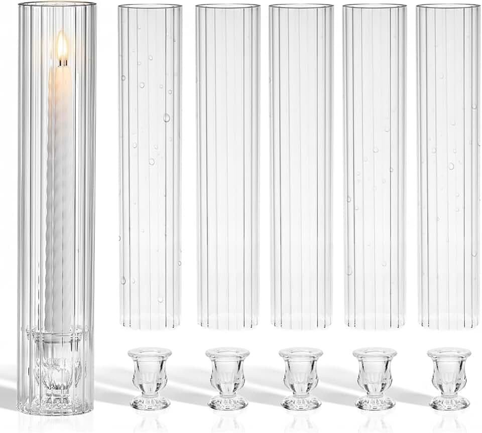 CHILL RECIPE Hurricane Glass Candle Holders-Set of 6 Tall Taper Candle Holder with 14” Tall Clear Cylinder Covers for Wedding Table Centerpiece Home Decor (Floral Base+Ribbed Chimney)