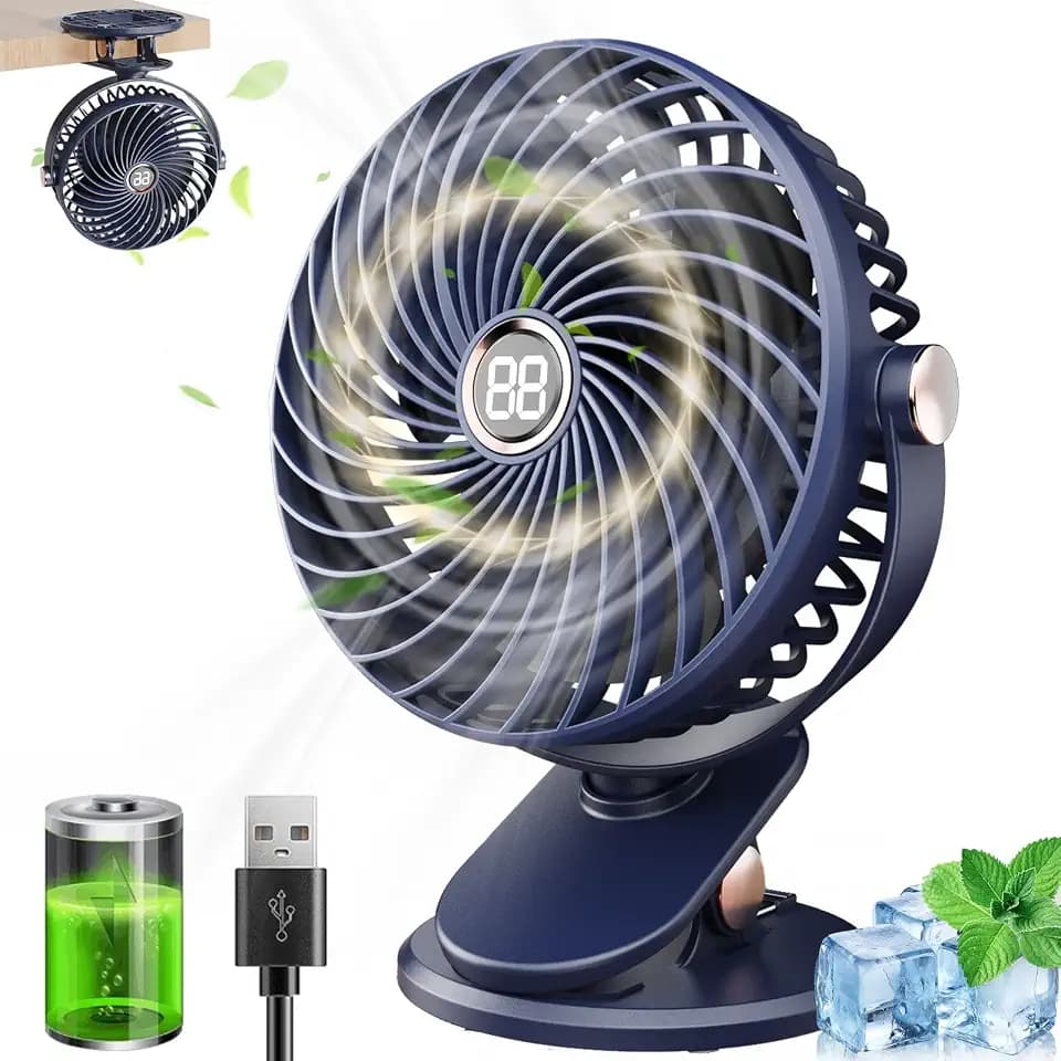 MUXIWOM Tischventilator USB Clip Ventilator Grow Leise Klein 6000mAh Akku Mini Ventilator Kleiner Ventilator, 5 Geschwindigkeiten 720° Drehung, Clipventilator für Zuhause Büro Camping(Blau)