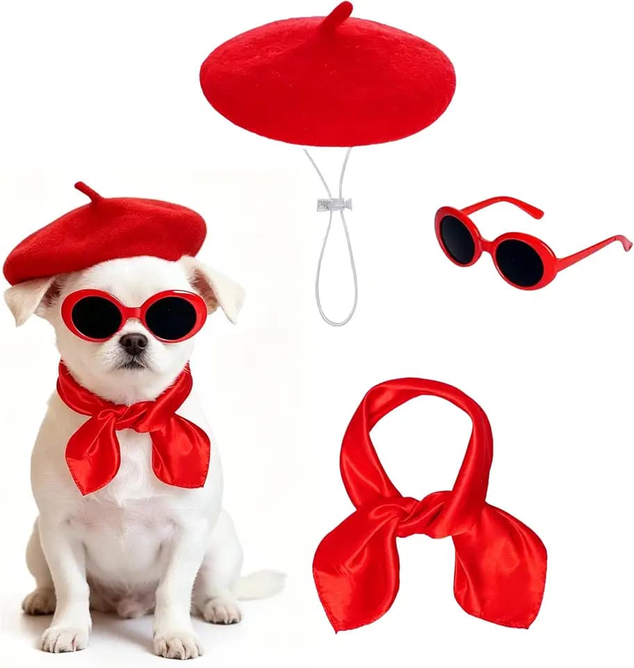 Dog Beret Scarf Glasses Pet French Beanie for Small Dogs Cats(Red, Small)