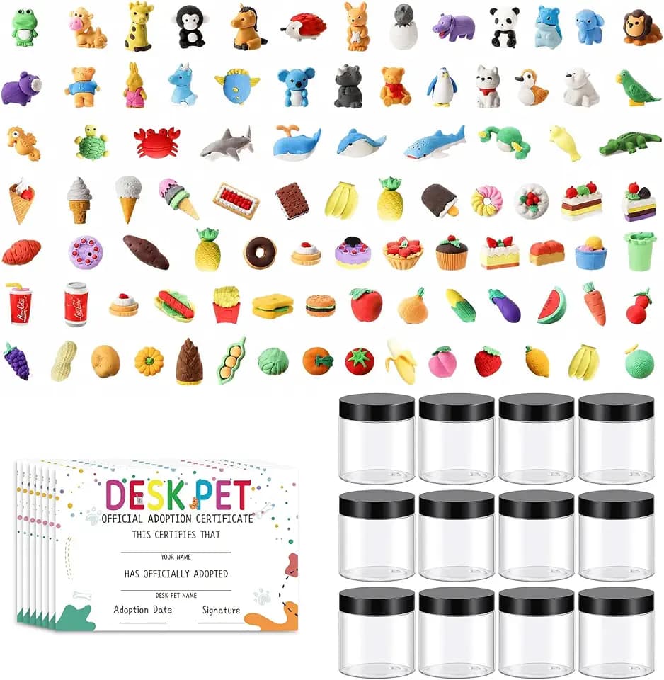 140 Pieces Animal Erasers Desk Pets for Students Desk Pet 3D Animal Mini Erasers Bulk with Clear Plastic Containers and Adoption Certificate for Classroom School Reward Supplies