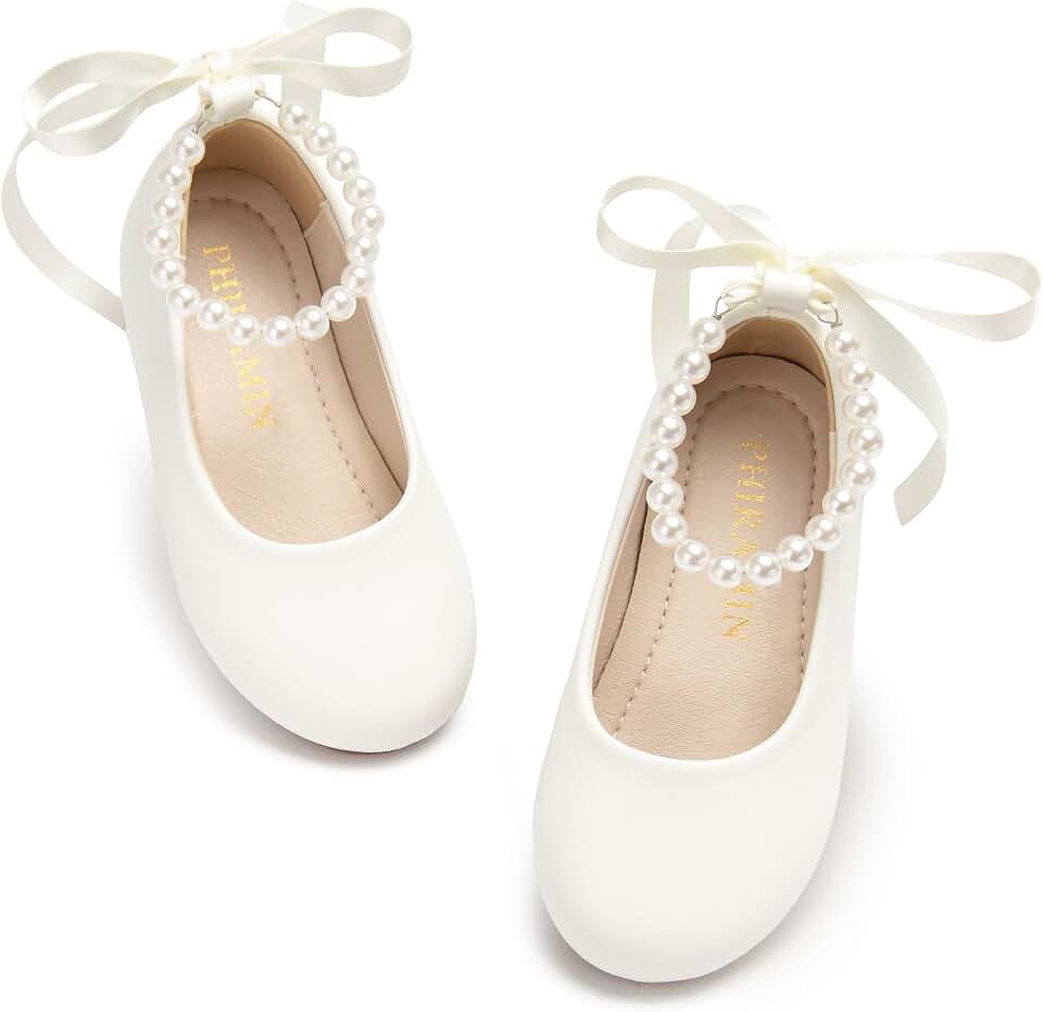 PHIRAMIN Toddler Flower Girl Dress Shoes - Little Girl Ballet Flats Pearl Strap for Wedding Party
