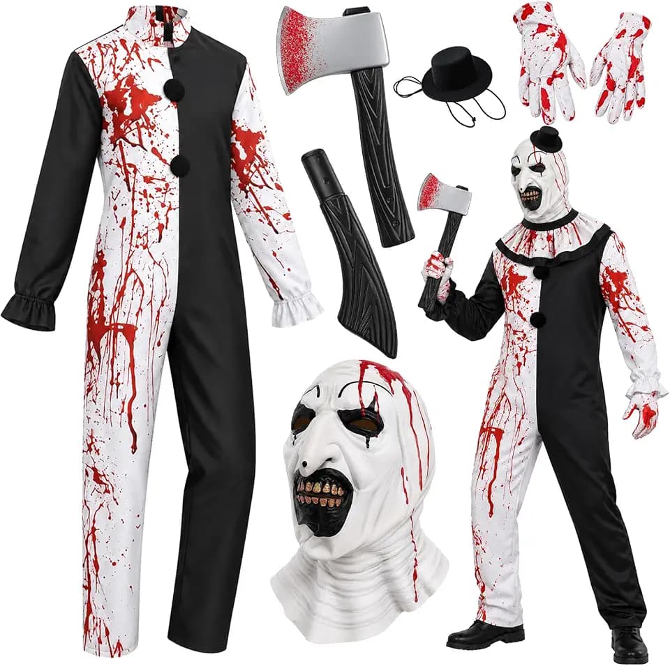 Horror Clown Kostüm Erwachsene, Overall mit Maske und Axt,Overall, Maske, Handschuhen und blutverschmierter Bergsteiger-Axt, Killer Clown Grusel Kostüm für Halloween Cosplay
